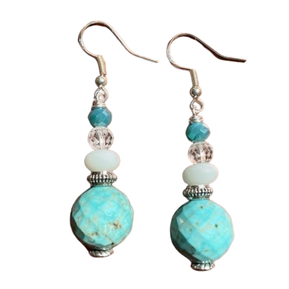 𝅺STERLING Silver Earrings Genuine Howlite Beads Ocean Blues & Clear Crystals - Picture 4 of 7